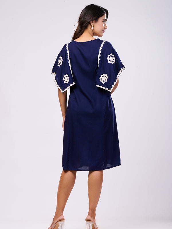 Cotton Navy Blue Hand Work Midi Dress