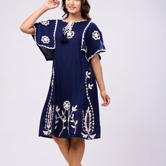 Cotton Navy Blue Hand Work Midi Dress