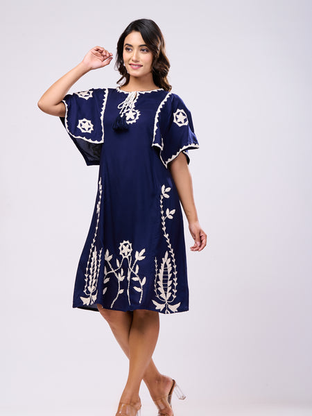 Cotton Navy Blue Hand Work Midi Dress