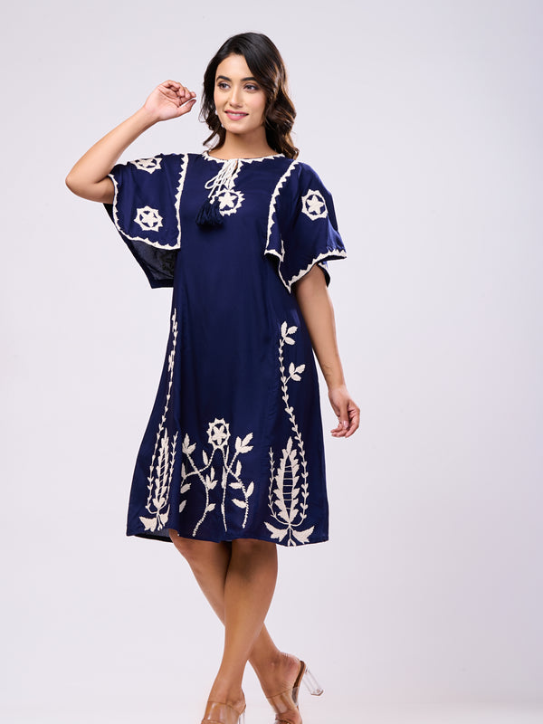 Cotton Navy Blue Hand Work Midi Dress