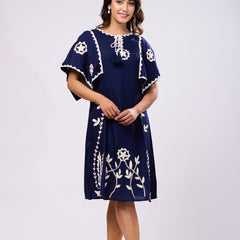 Cotton Navy Blue Hand Work Midi Dress