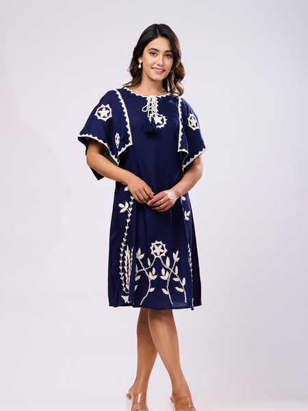 Cotton Navy Blue Hand Work Midi Dress