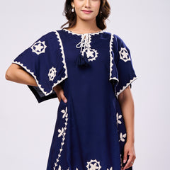 Cotton Navy Blue Hand Work Midi Dress
