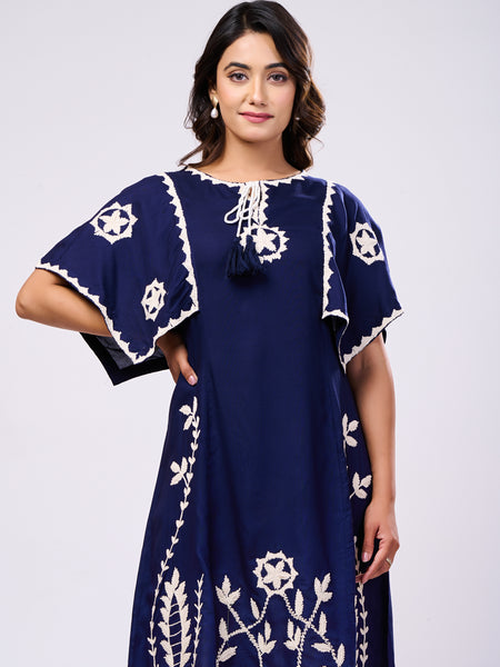 Cotton Navy Blue Hand Work Midi Dress