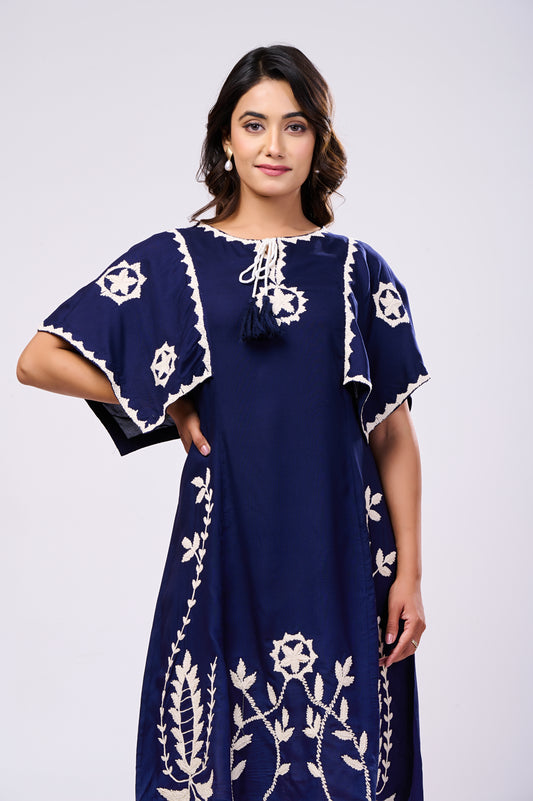 Cotton Navy Blue Hand Work Midi Dress