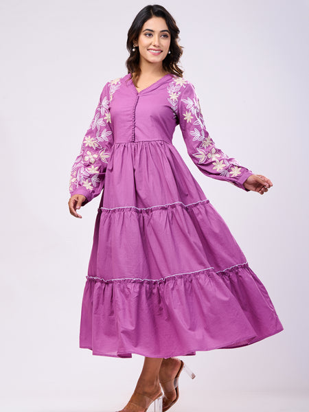 Elegant Cotton Purple Hand Work Maxi Dress