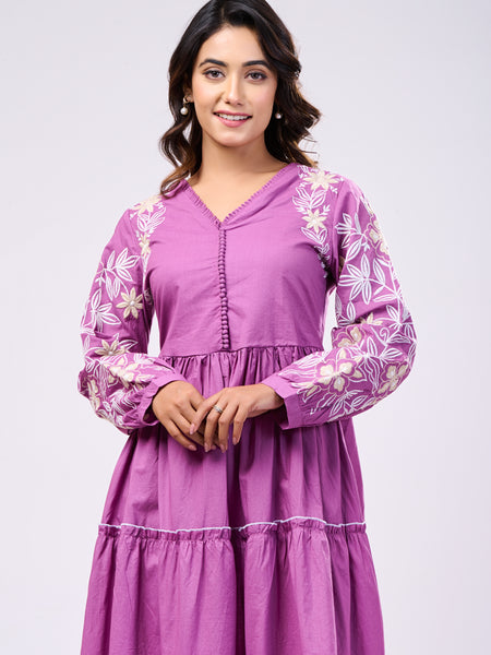 Elegant Cotton Purple Hand Work Maxi Dress