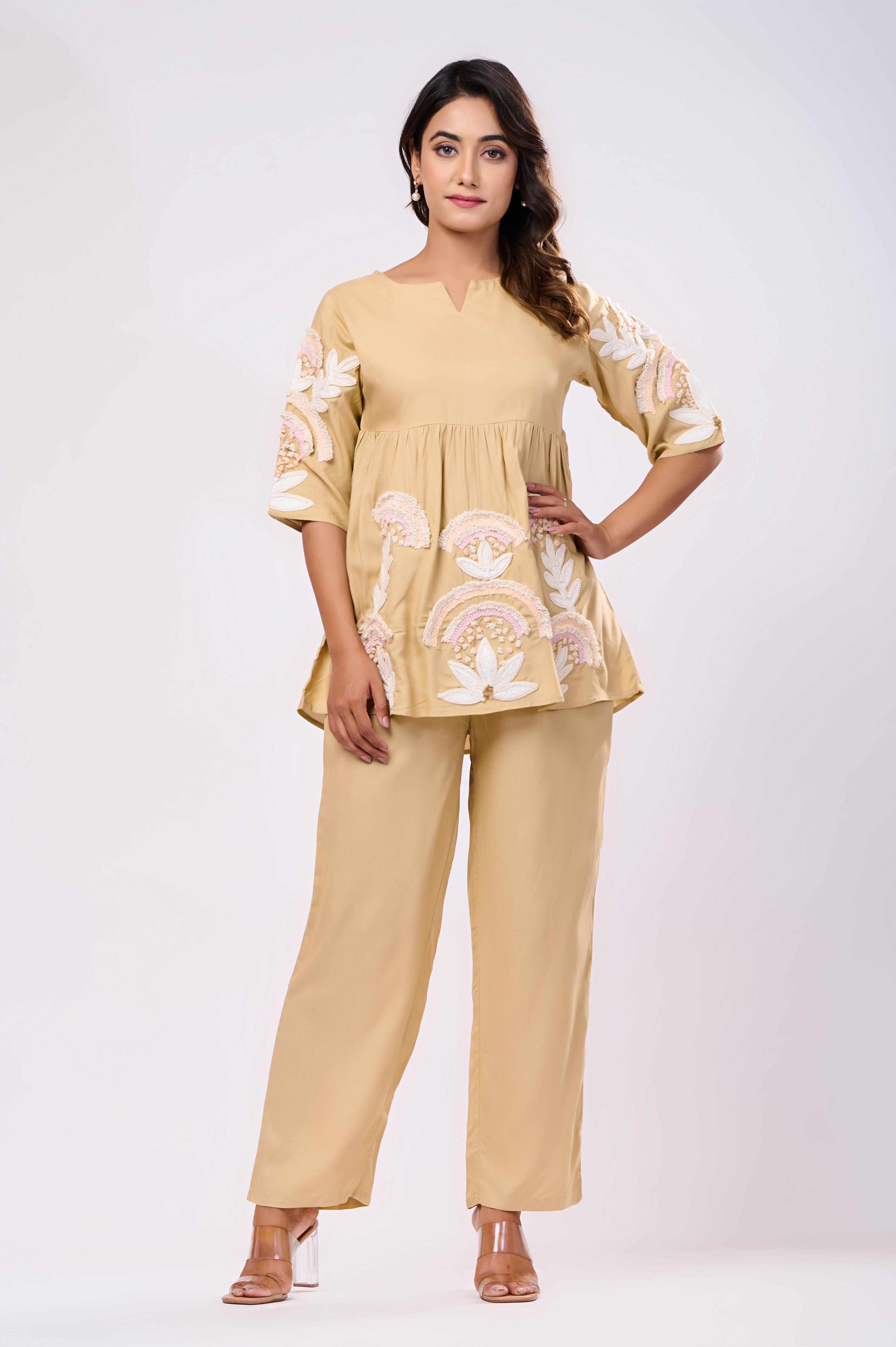 Rayon Beige Hand Work Co-Ord Set