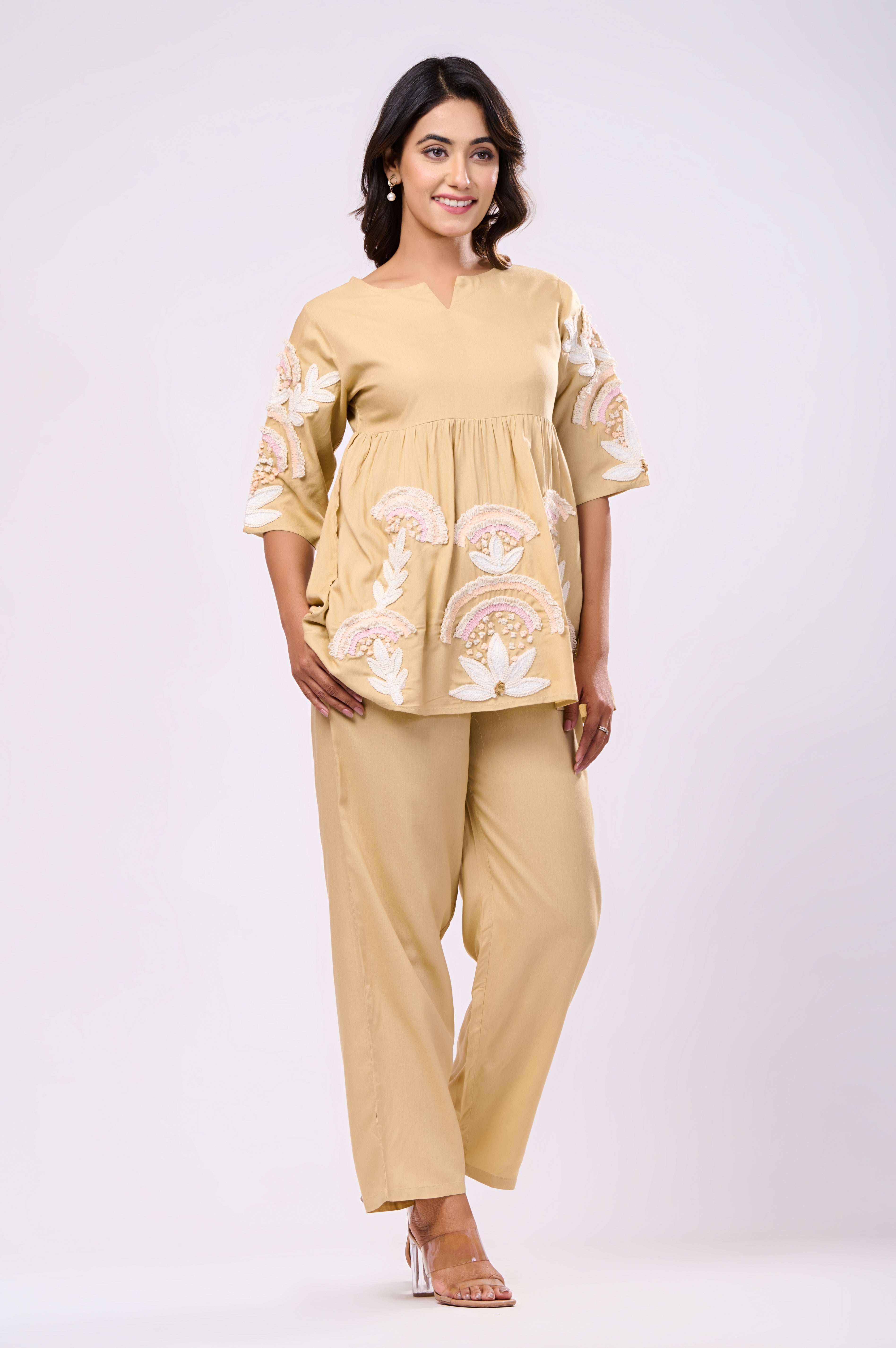 Rayon Beige Hand Work Co-Ord Set