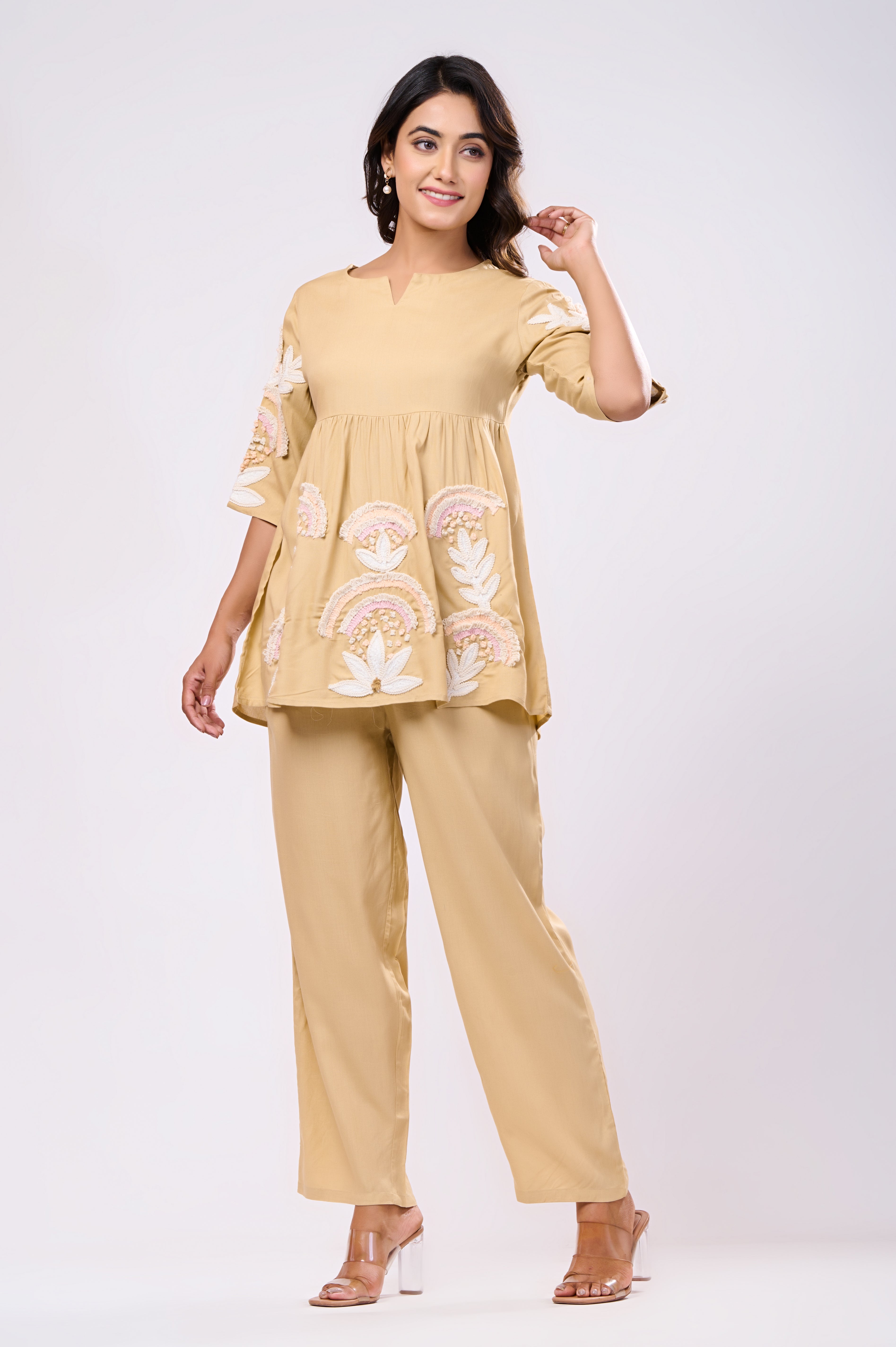 Rayon Beige Hand Work Co-Ord Set