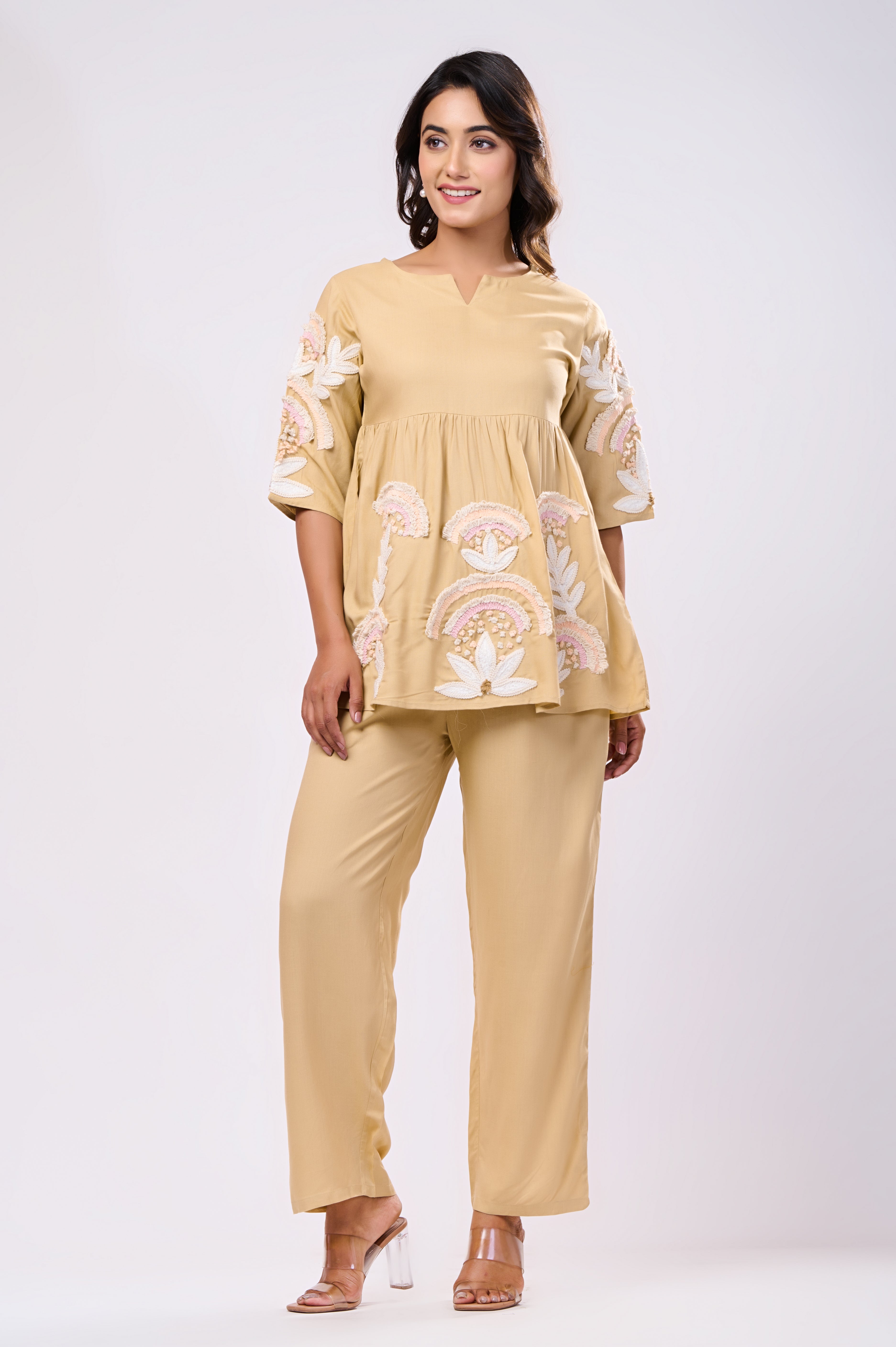 Rayon Beige Hand Work Co-Ord Set