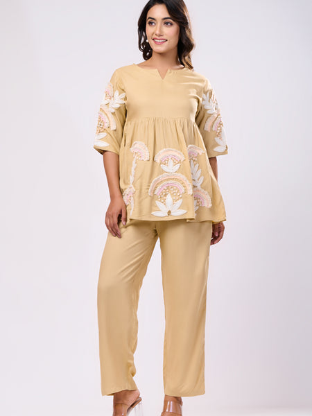 Rayon Beige Hand Work Co-Ord Set
