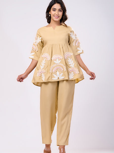 Rayon Beige Hand Work Co-Ord Set