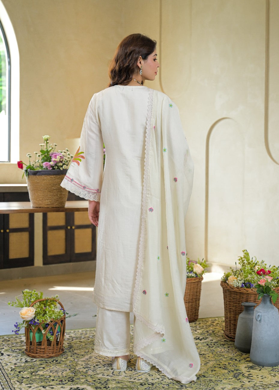 Premium Off White Embroidered Kurta Dupatta Set