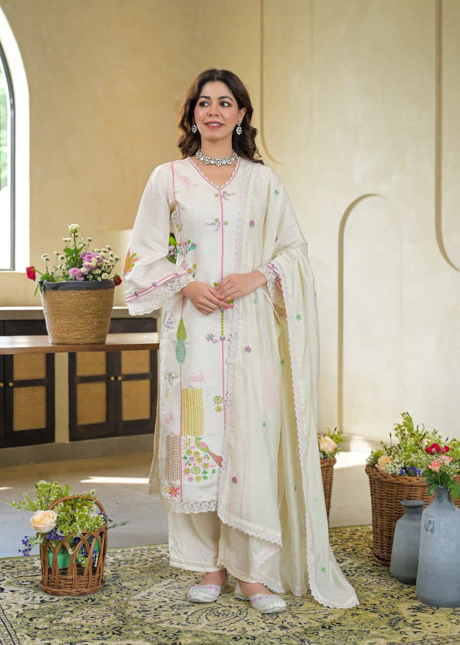 Premium Off White Embroidered Kurta Dupatta Set