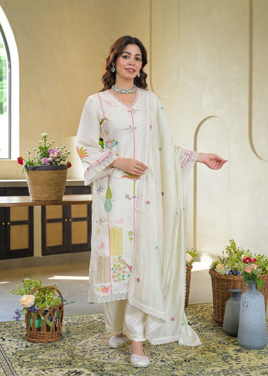 Premium Off White Embroidered Kurta Dupatta Set