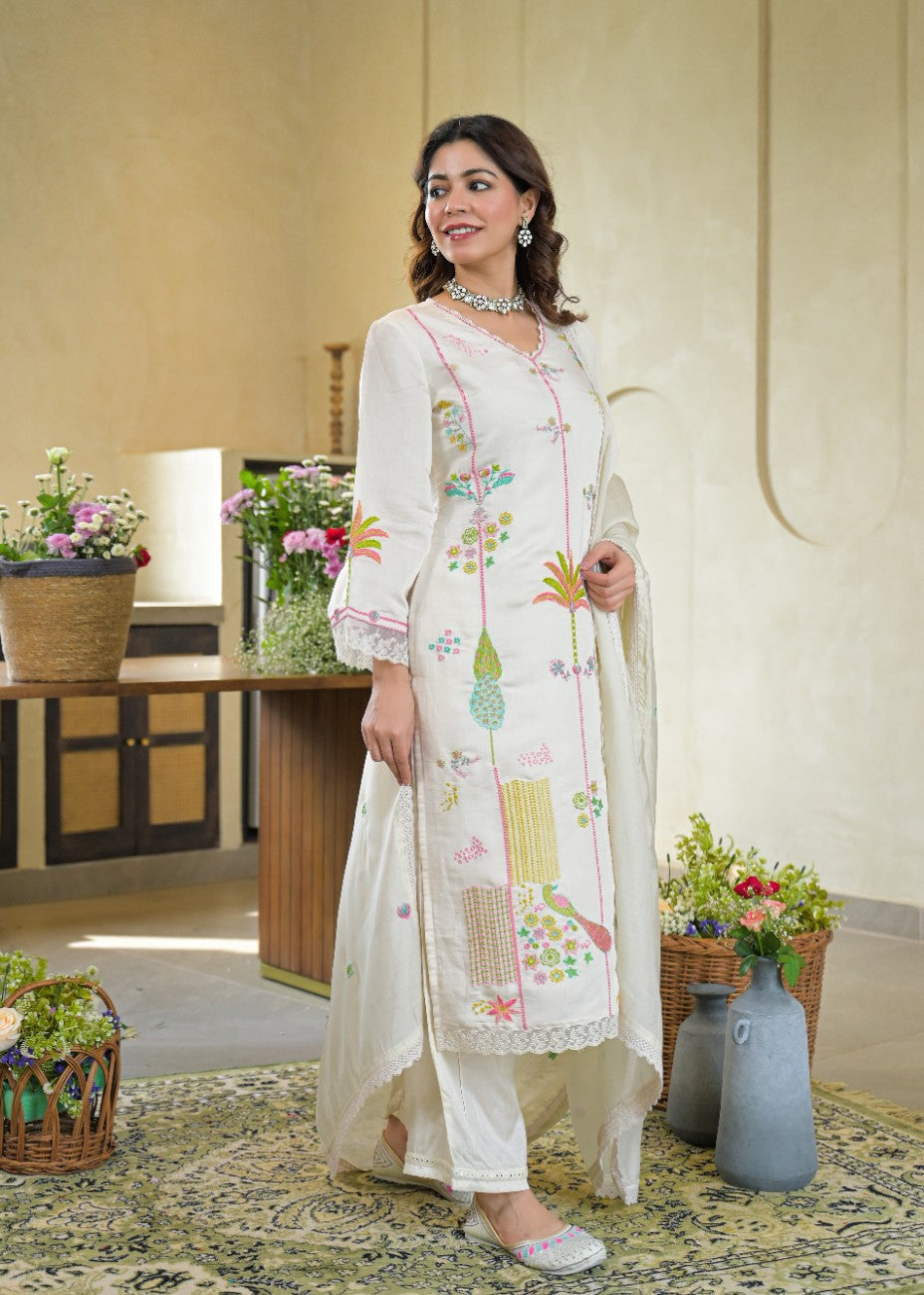 Premium Off White Embroidered Kurta Dupatta Set