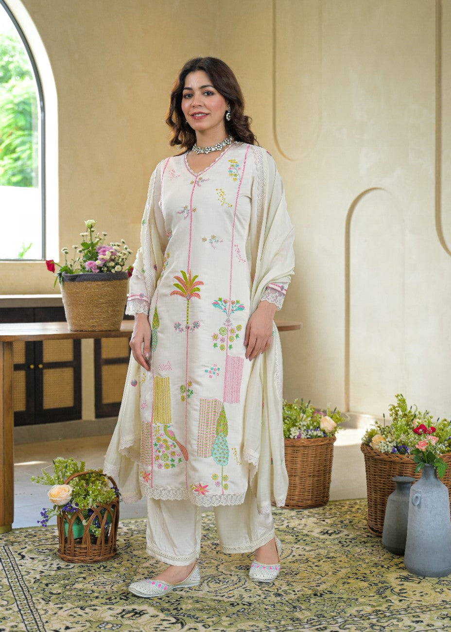 Premium Off White Embroidered Kurta Dupatta Set