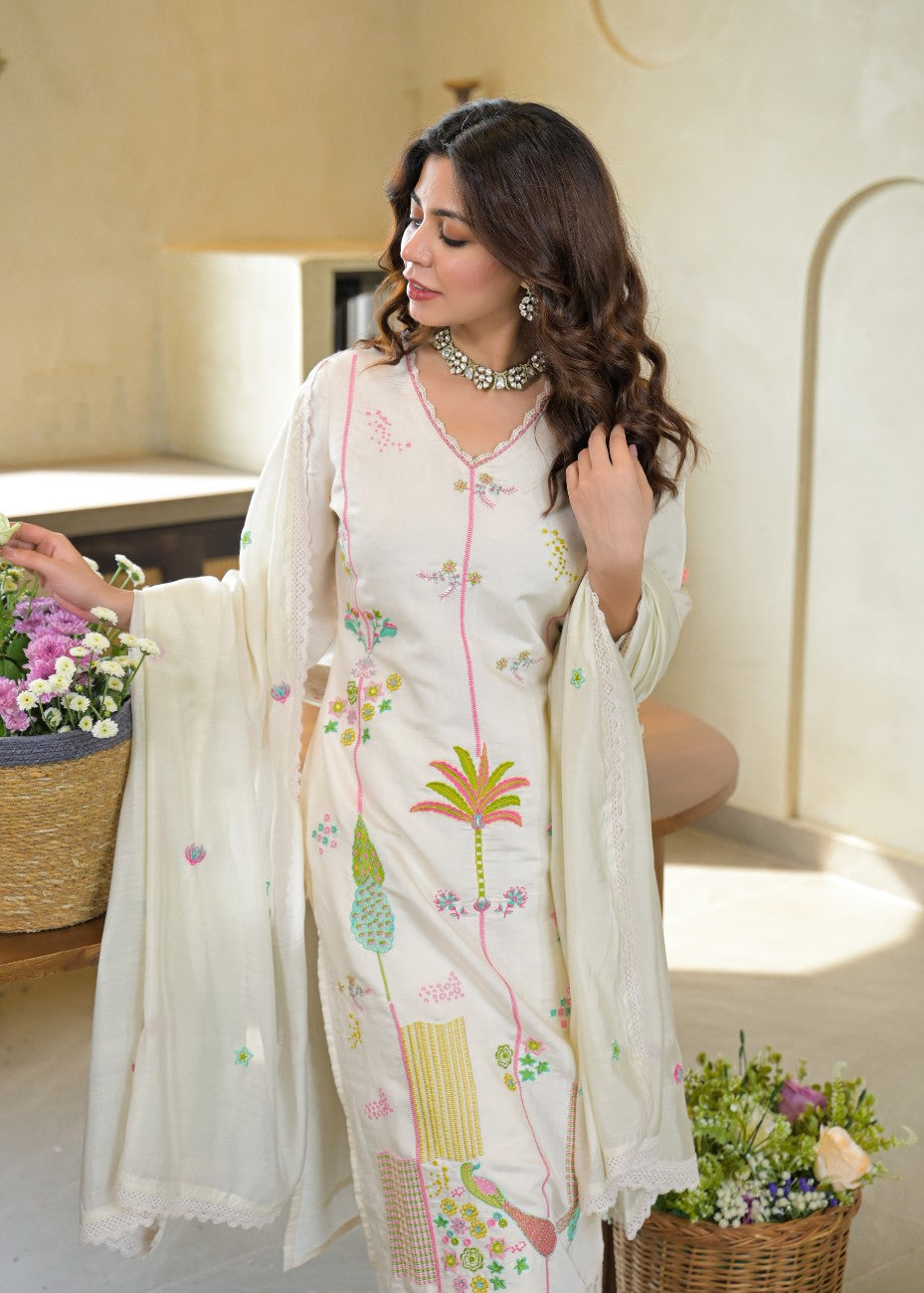 Premium Off White Embroidered Kurta Dupatta Set