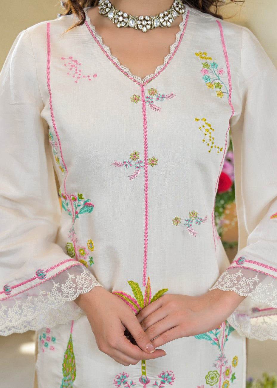 Premium Off White Embroidered Kurta Dupatta Set
