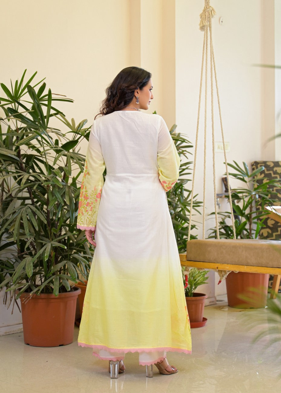 Premium Yellow Floral Embroidered Anarkali Kurta Dupatta Set