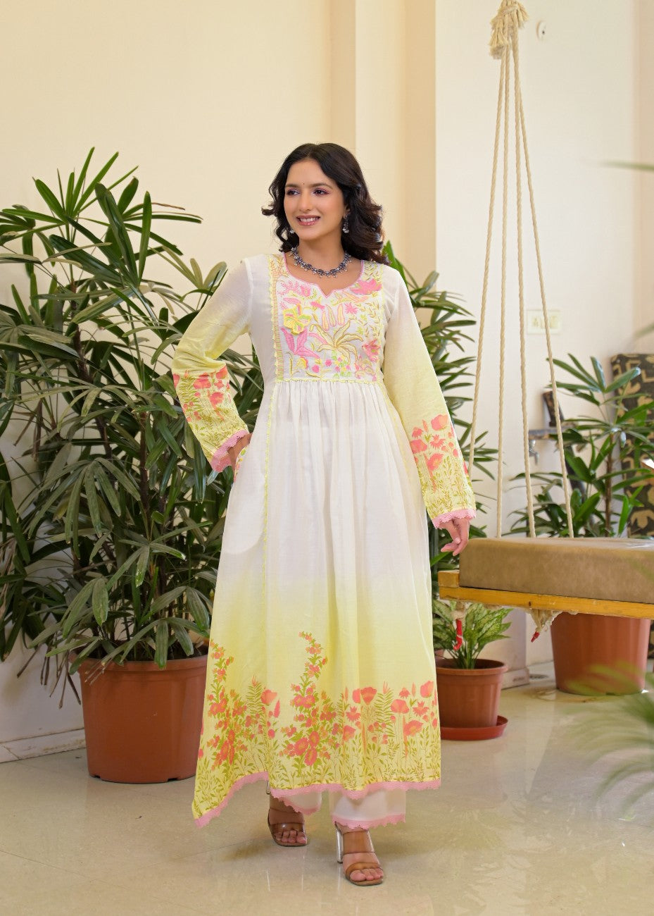 Premium Yellow Floral Embroidered Anarkali Kurta Dupatta Set