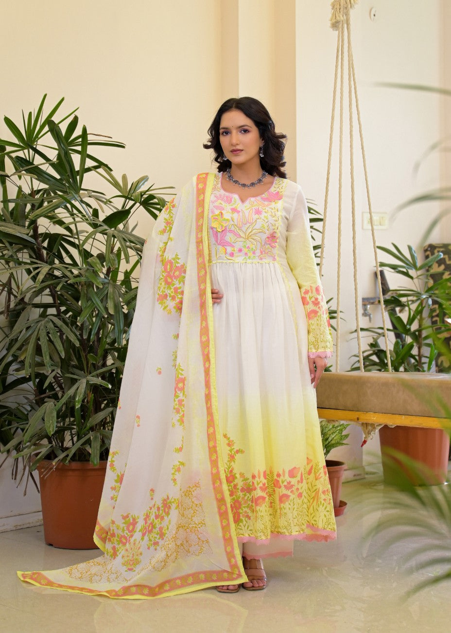 Premium Yellow Floral Embroidered Anarkali Kurta Dupatta Set