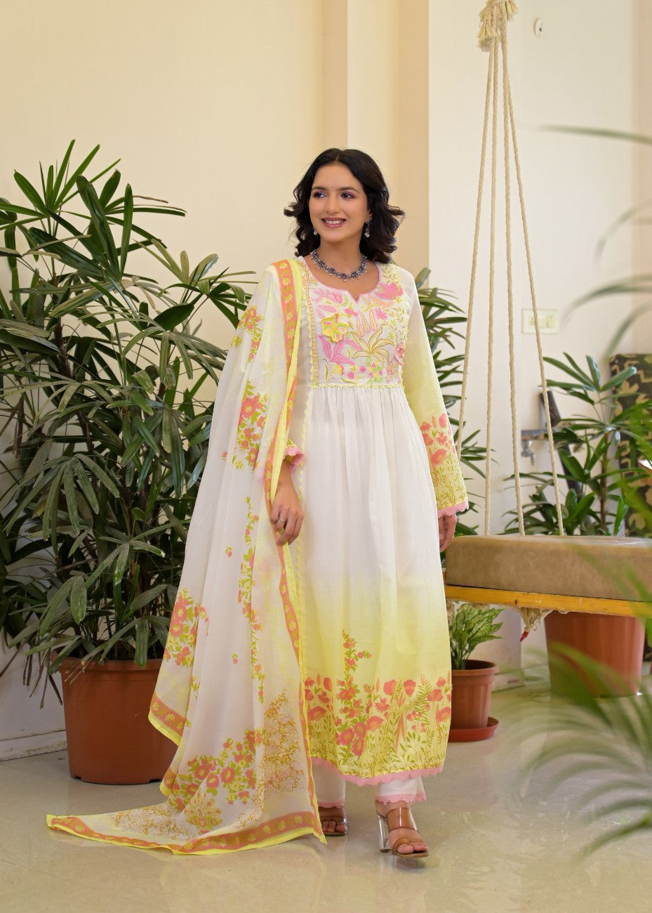 Premium Yellow Floral Embroidered Anarkali Kurta Dupatta Set