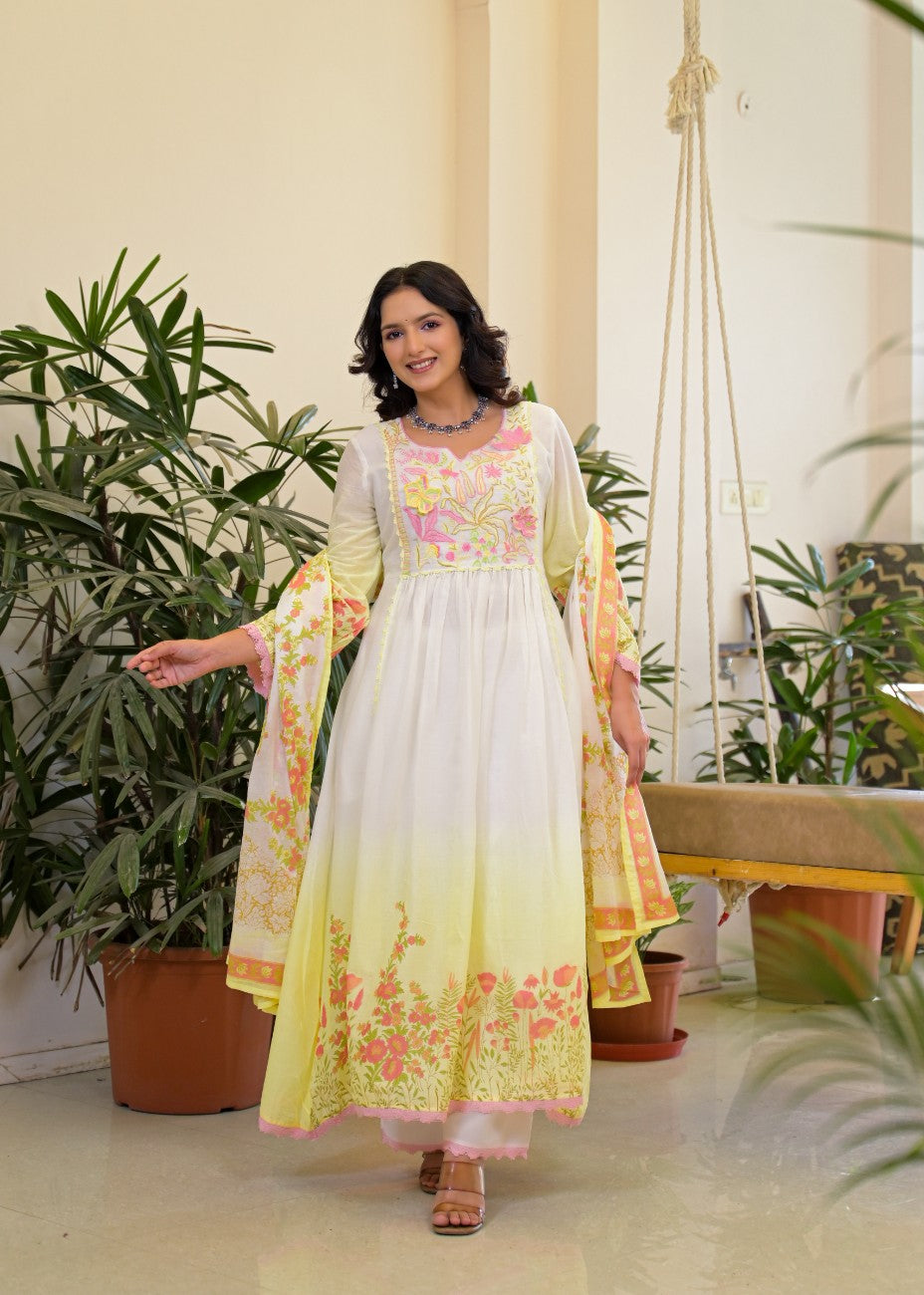 Premium Yellow Floral Embroidered Anarkali Kurta Dupatta Set