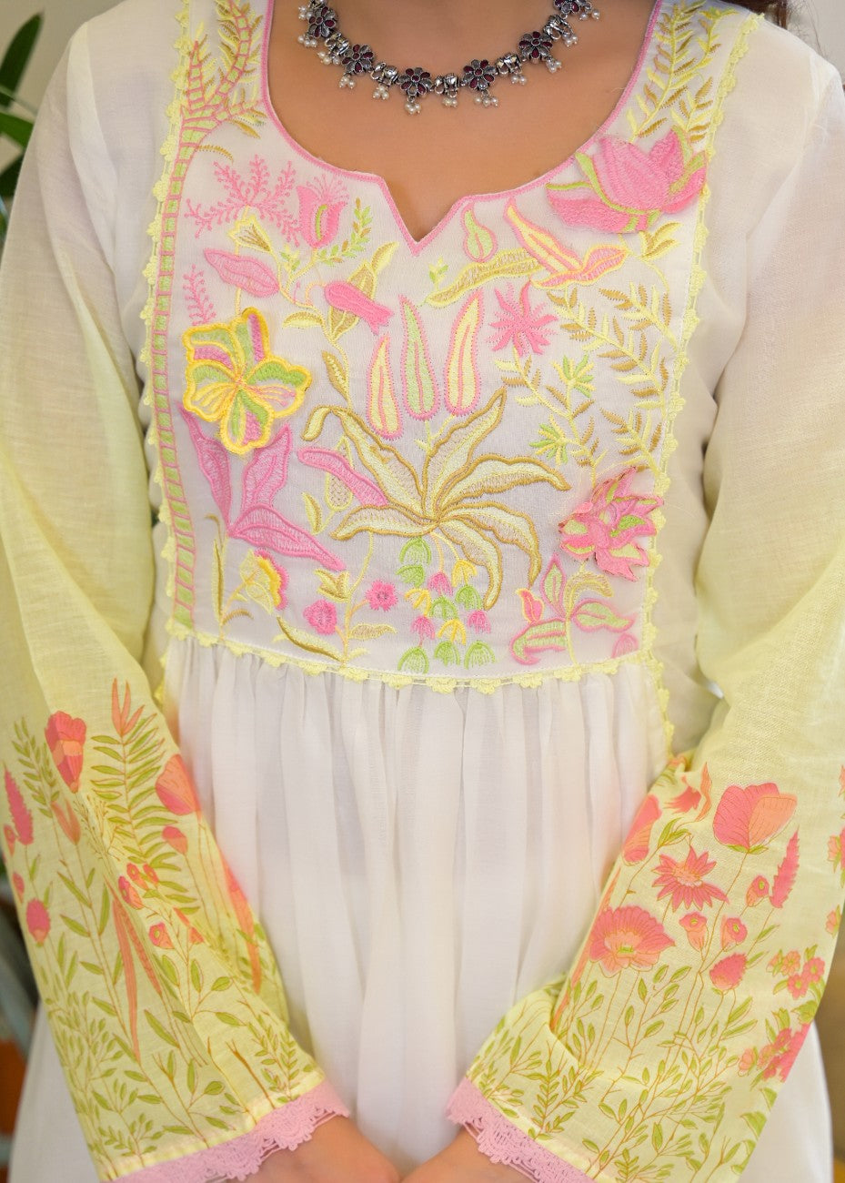 Premium Yellow Floral Embroidered Anarkali Kurta Dupatta Set