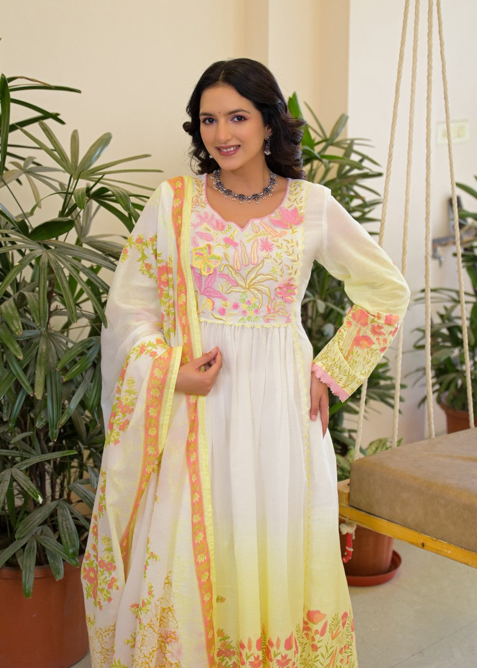 Premium Yellow Floral Embroidered Anarkali Kurta Dupatta Set