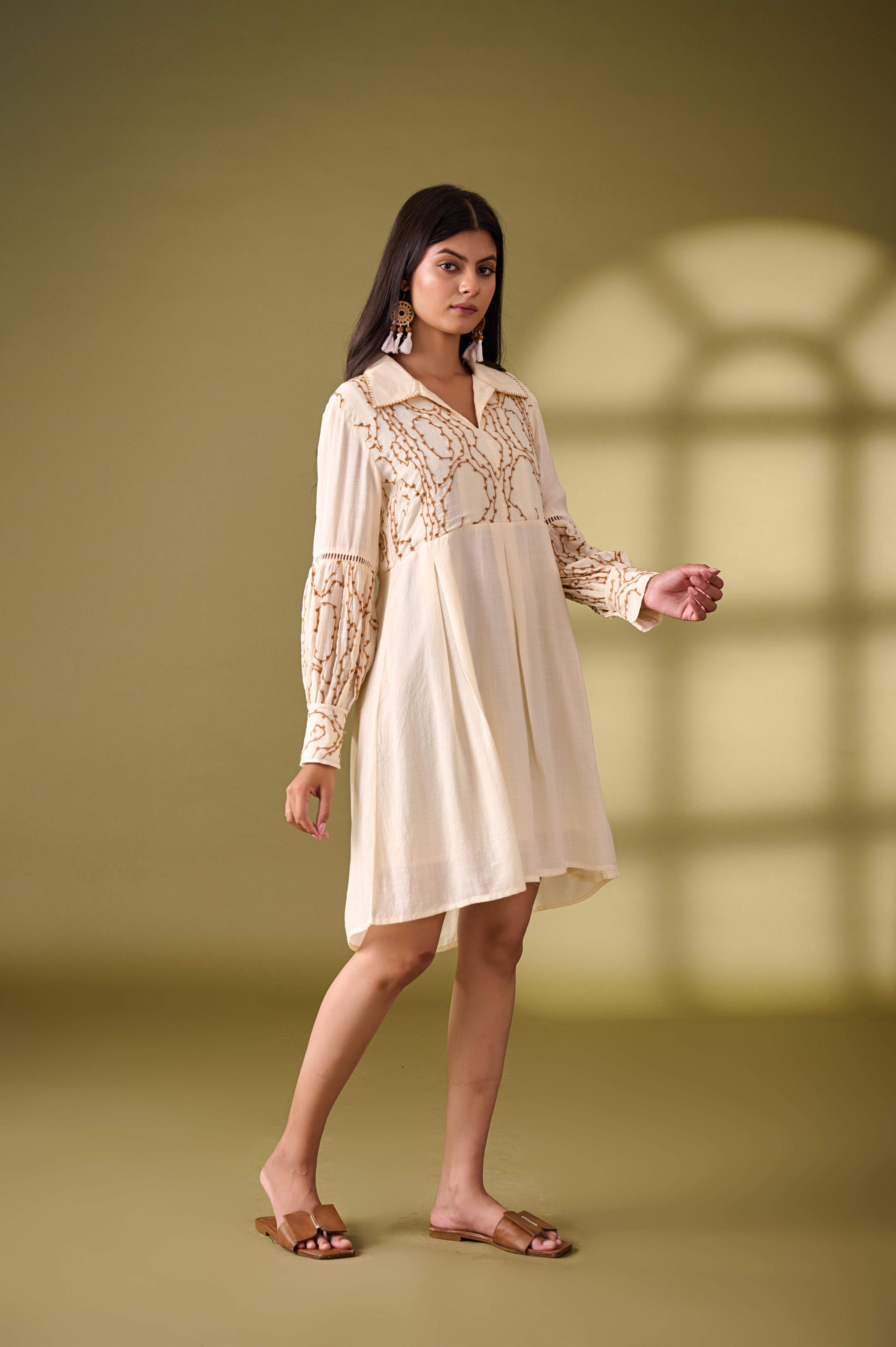 Beige Fit and Flare Cotton Summer Dress