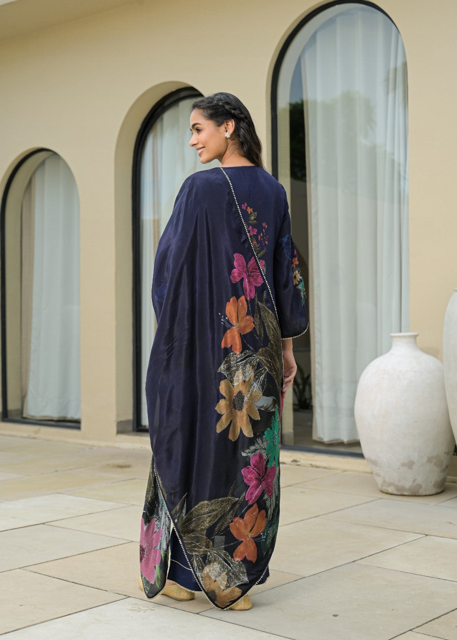 Women Navy Blue Floral Embroidered Kurta with Palazzos and Dupatta