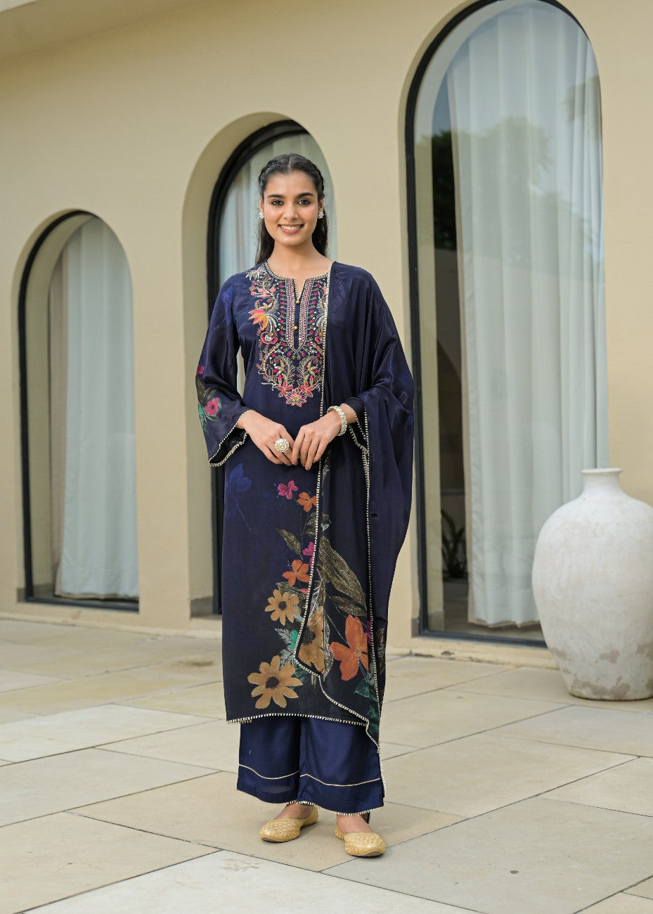 Women Navy Blue Floral Embroidered Kurta with Palazzos and Dupatta
