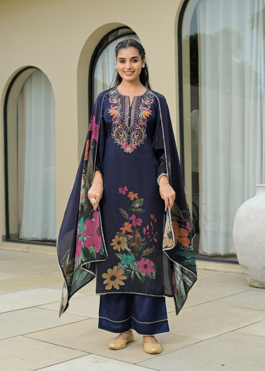 Women Navy Blue Floral Embroidered Kurta with Palazzos and Dupatta
