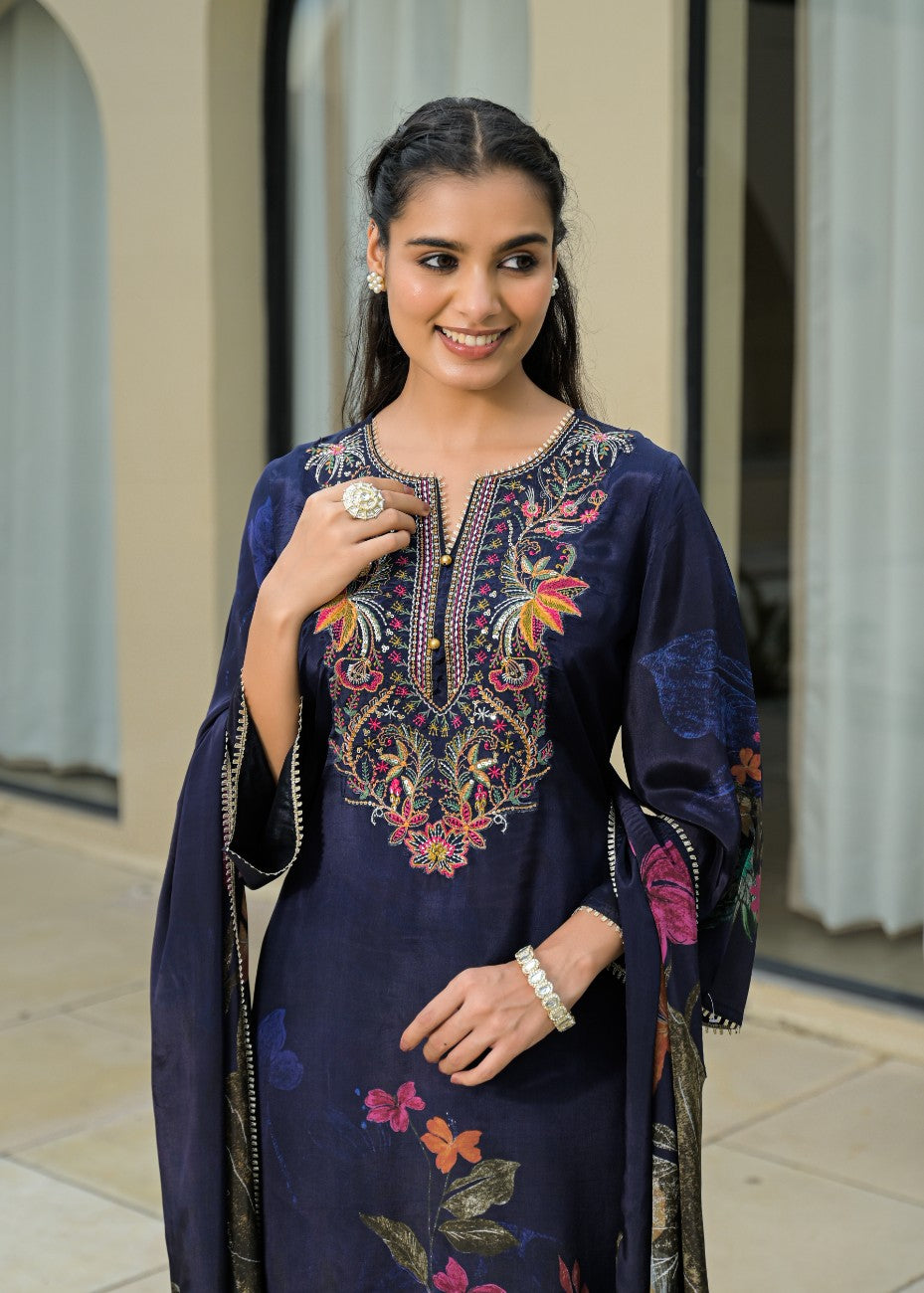 Women Navy Blue Floral Embroidered Kurta with Palazzos and Dupatta