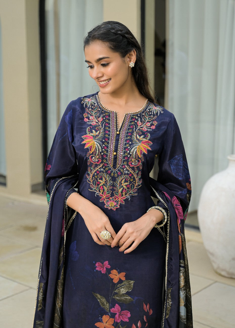 Women Navy Blue Floral Embroidered Kurta with Palazzos and Dupatta