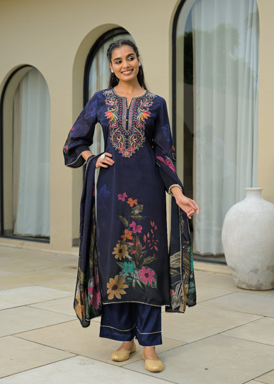 Women Navy Blue Floral Embroidered Kurta with Palazzos and Dupatta