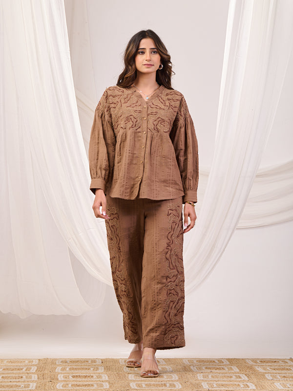 Earthy Brown Embroidered Co-ord set