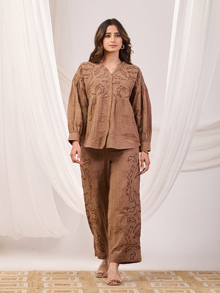 Earthy Brown Embroidered Co-ord set