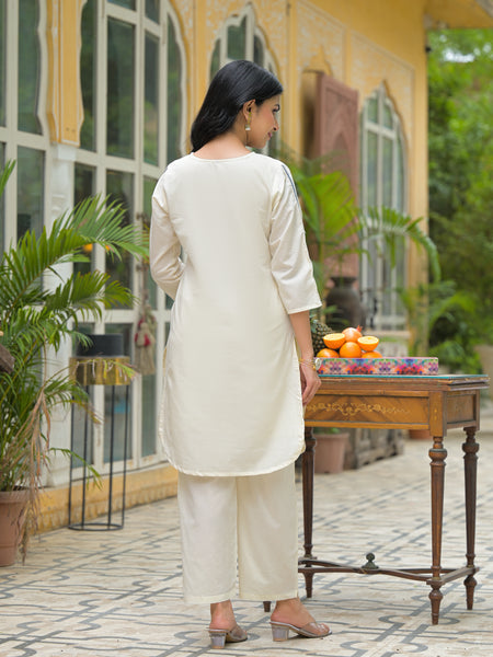 White Cotton Blue embroidered Co-ord Set