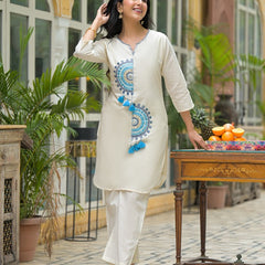 White Cotton Blue embroidered Co-ord Set