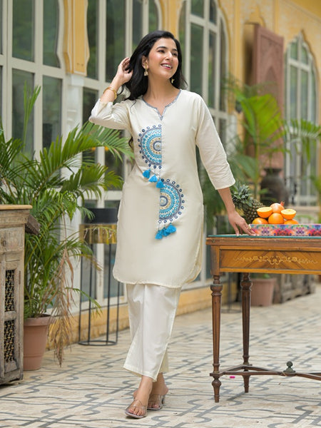 White Cotton Blue embroidered Co-ord Set