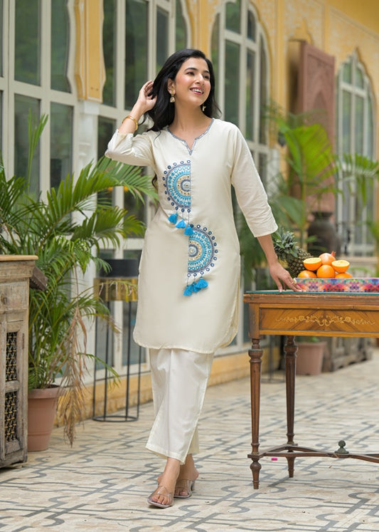 White Cotton Blue embroidered Co-ord Set