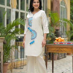White Cotton Blue embroidered Co-ord Set