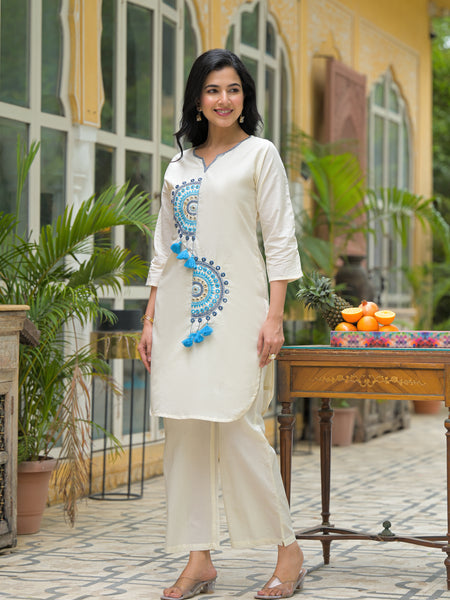 White Cotton Blue embroidered Co-ord Set
