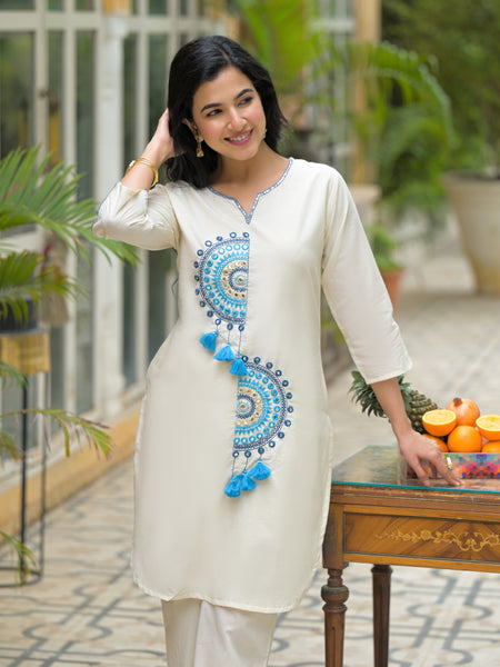 White Cotton Blue embroidered Co-ord Set