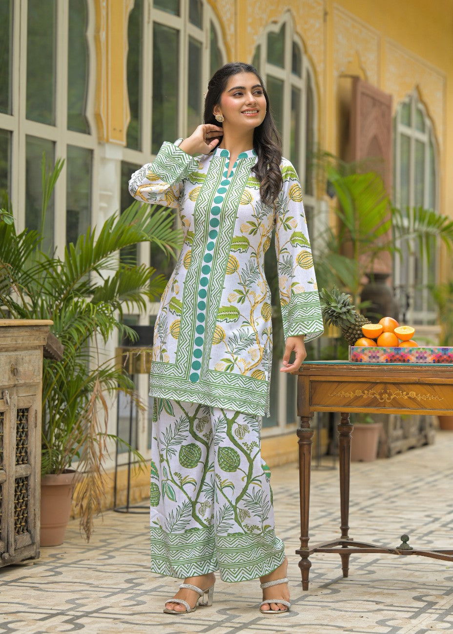 Women White & Green Floral Printed Co-Ord Set