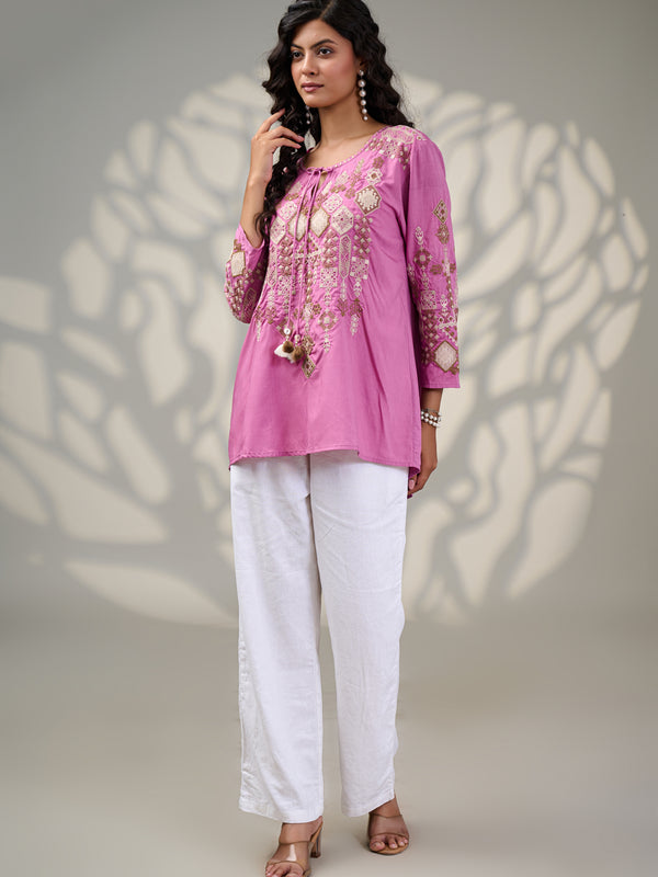magenta color Cotton Embroidered Top