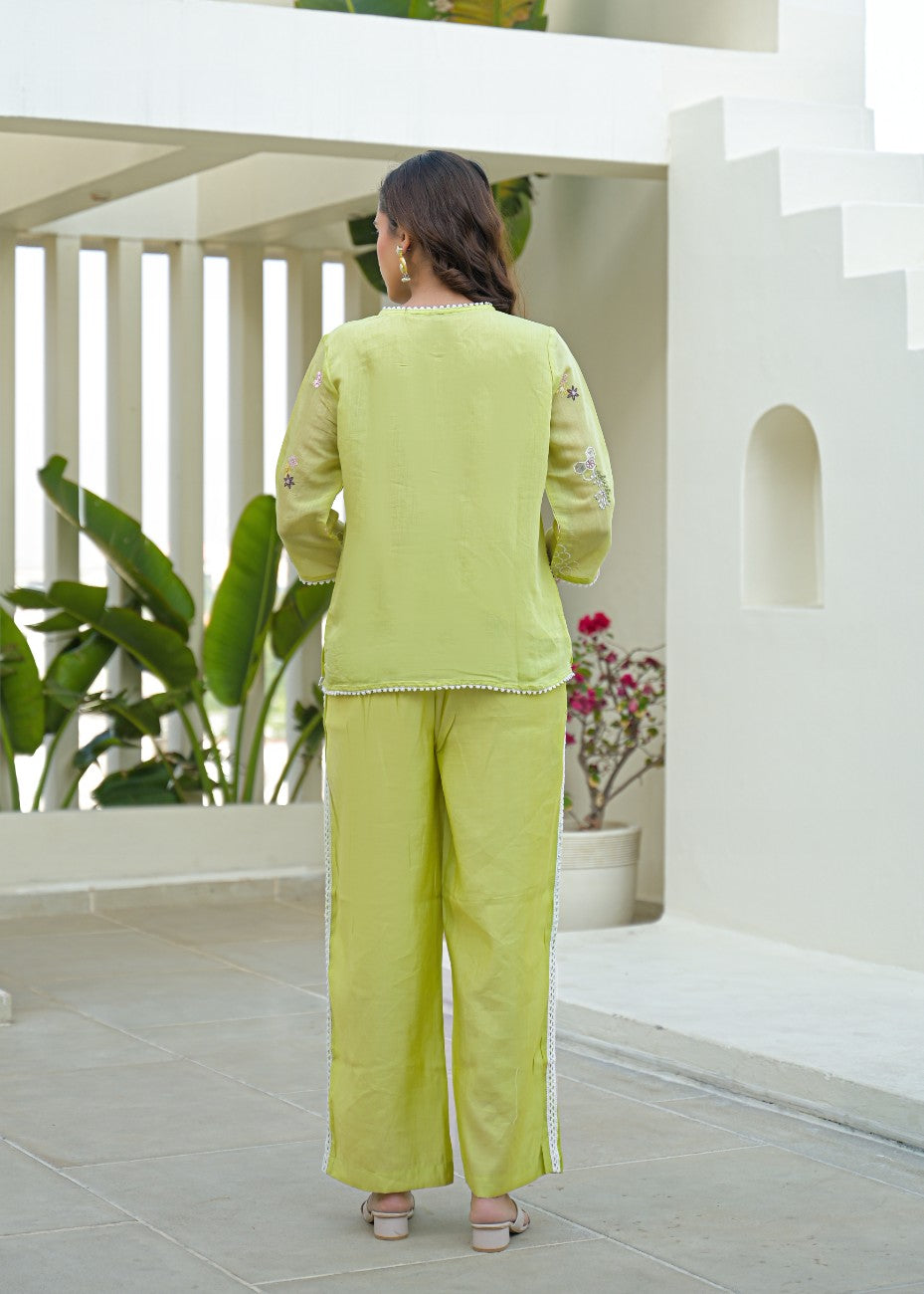 Lime Green Embroidered Kurta & Palazzo Co-Ord Set